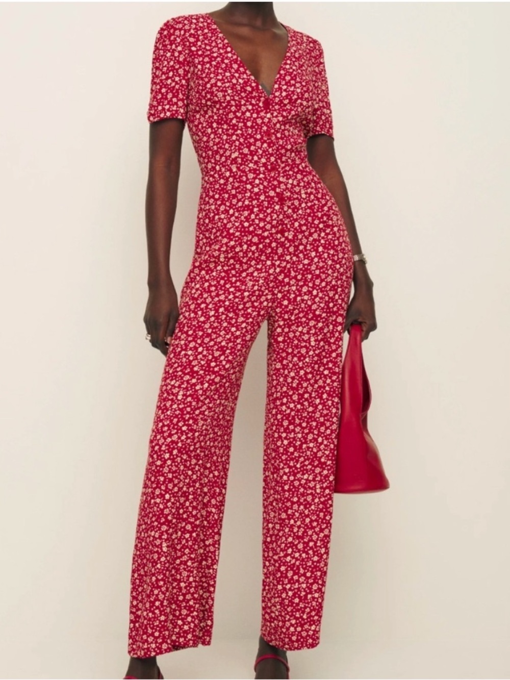 REFORMATION france jumpsuit red floral wide leg size 2